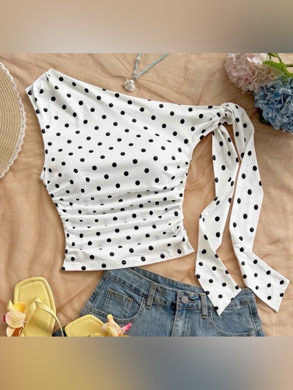 SHEIN White One-Shoulder Polka Dot Tie Crop Top - Black Dots